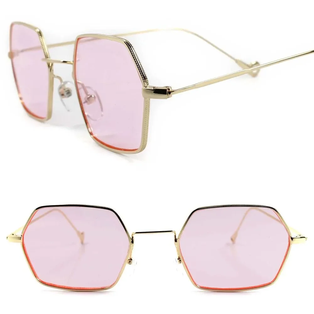 Old Classic Indie Retro Funky Gothic Pink Lens Gold Steampunk Polygon Sunglasses